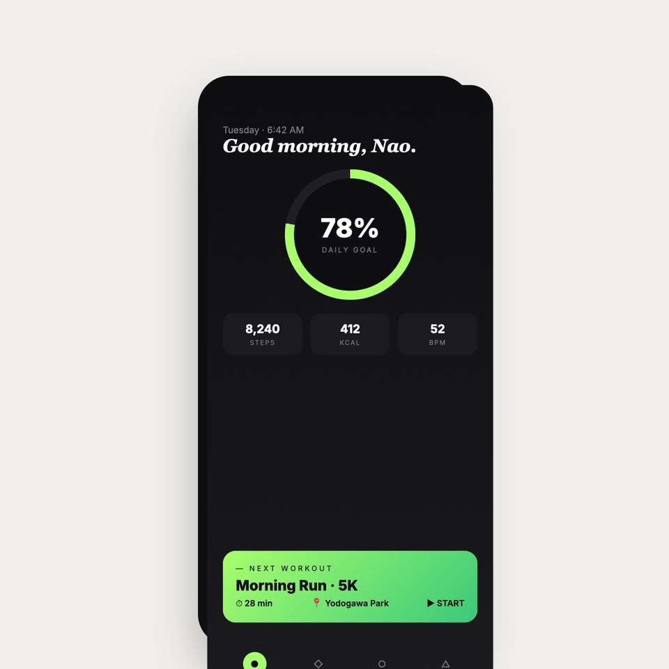 Fitness App — ダッシュボード型UI（実機390×844）